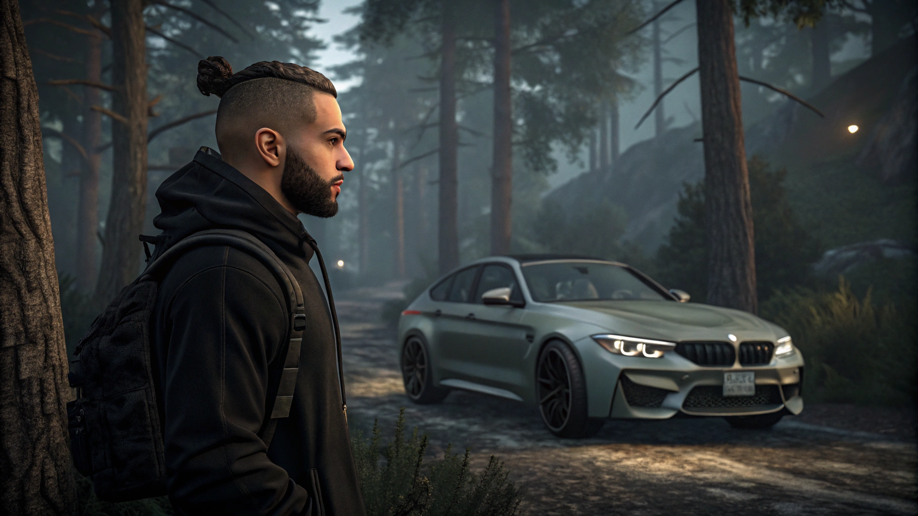 AI generated image by Red Panda AI: a arabian yung man, with a short beard, undercut and samurai-style bun, wearing black, in a dark forest, near BMW M4, illustration in the style of Grand Theft Auto 5 load screen