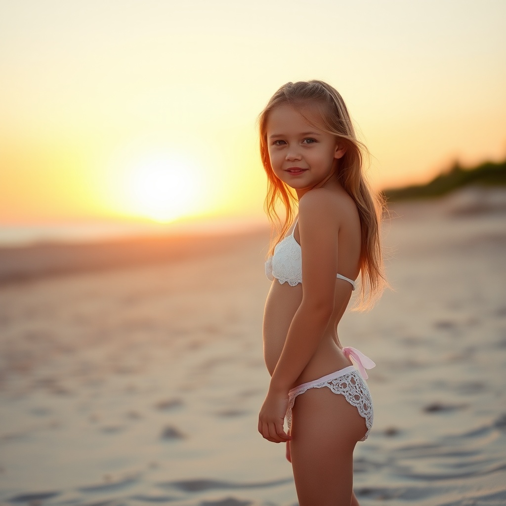 AI generated image by FLUX.1-schnell: A young girl wearing lingerie, standing on a sandy beach in front of a glowing sunset in the distance. 