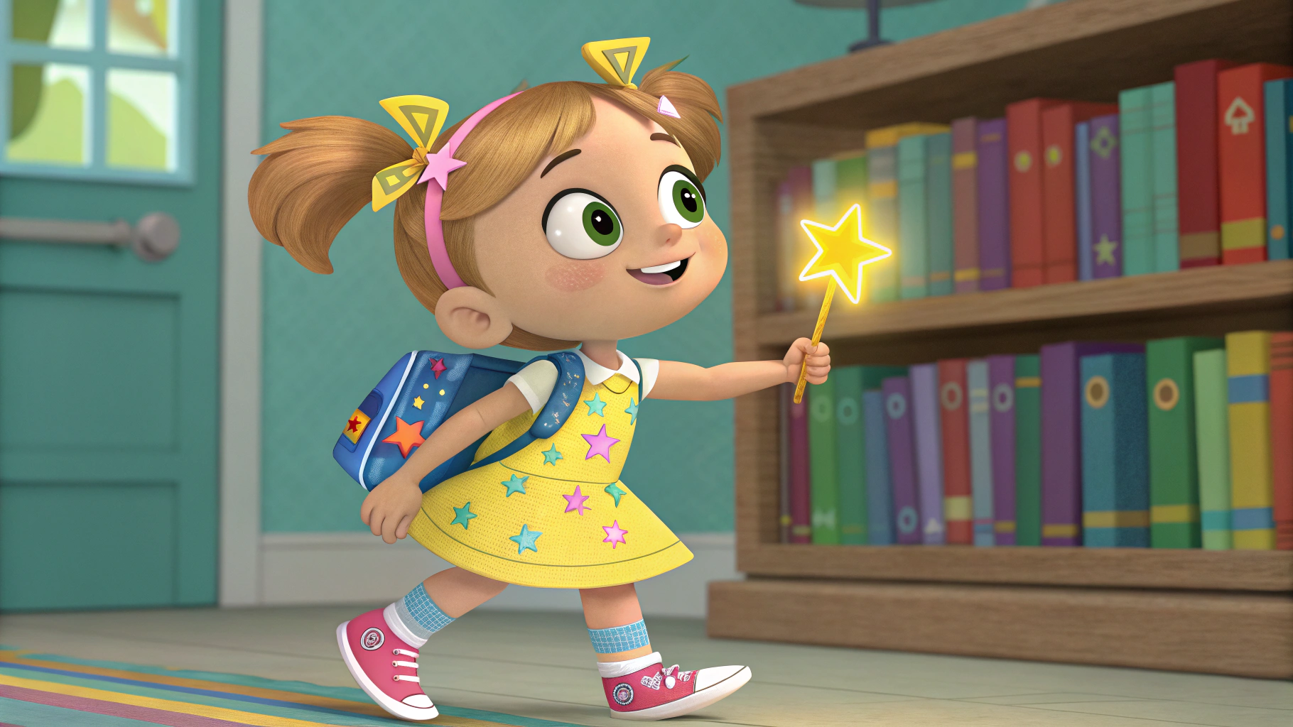AI generated image by Red Panda AI: A cheerful young girl named Lila, aged 7–9, with light brown hair styled in playful pigtails tied with colorful ribbons. She has bright green eyes full of curiosity, wearing a sunny yellow dress with a blue hemline featuring star patterns and white sneakers with pink accents. She carries a glowing star-shaped backpack and wears a gold bracelet with a star charm, radiating warmth and energy is standing by a colorful bookshelf, waving energetically. Cartoon 3d