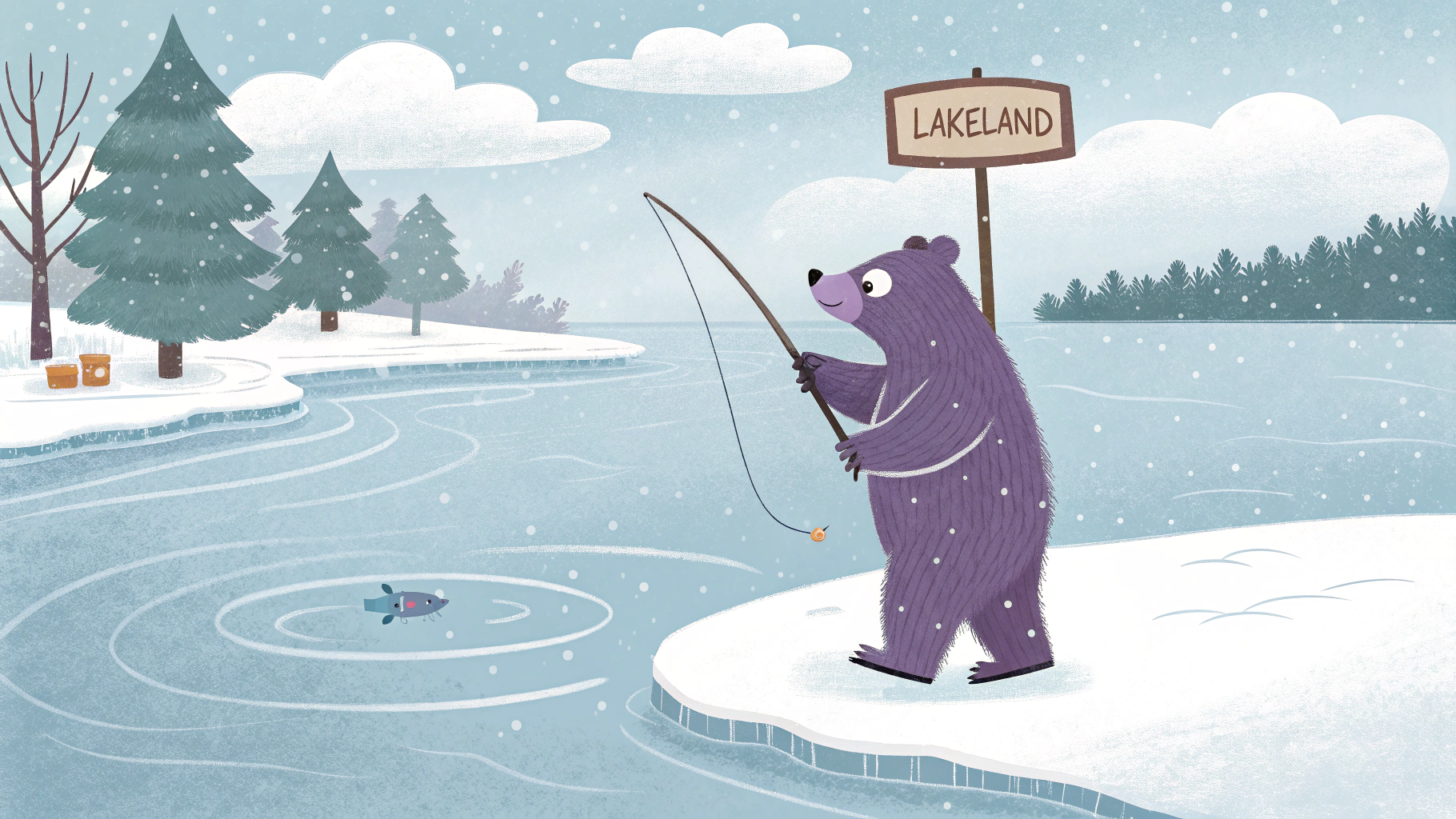 AI generated image by Red Panda AI: ice fishing purple bear near sign that says "Lakeland"