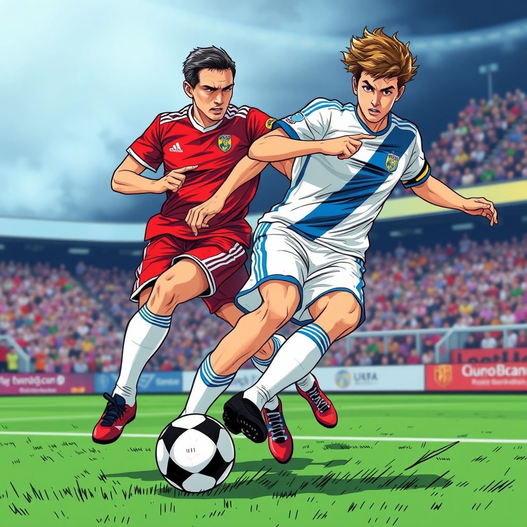 AI generated image by FLUX.1-schnell: Illustrate a manga-style soccer scene where a player performs a body feint to trick and dribble past a defender. The player is mid-motion, with dynamic speed lines and dramatic shading emphasizing the movement. The defender looks off-balance, wearing a red jersey, while the player in a white and blue jersey shows determination and agility. The background is a vibrant soccer field with a blurred stadium crowd.