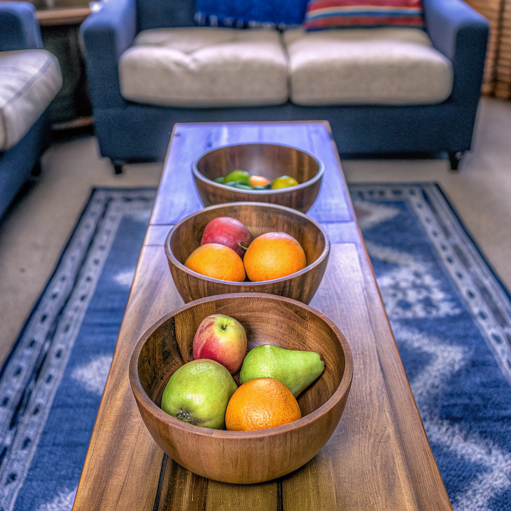 AI generated image by Red Panda AI: wooden bowls with fruit on wooden table in living room