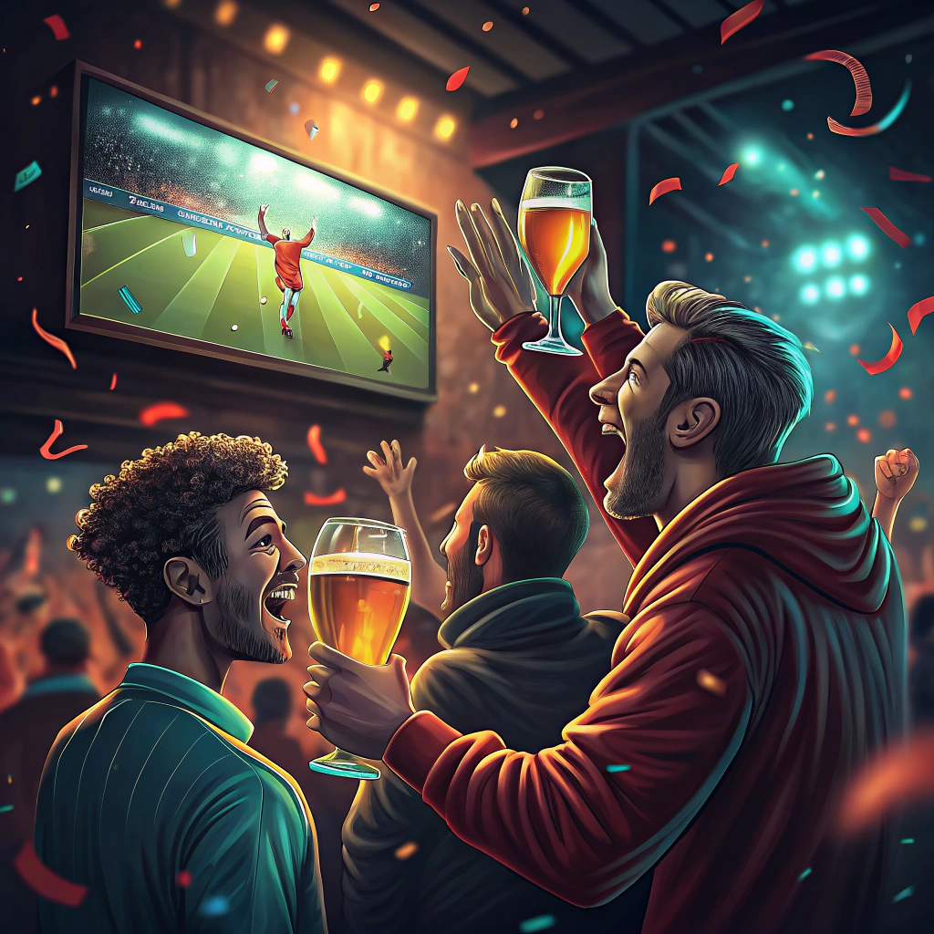 AI generated image by FLUX.1-schnell: Generate a vibrant image of a celebration moment in a bar, where a group of friends watches an exciting soccer match. The scene captures the euphoria of a goal, with the friends' faces lit up by emotion, but the TV or big screen, where the match is displayed, should be in the background and out of focus. The friends should be raising beer glasses, expressing joy and camaraderie. Add abstract elements to create a magical atmosphere, as if it were an important event for their team. The background should be dark, highlighting the vibrant colors of the clothing and beer. Style: Digital art.