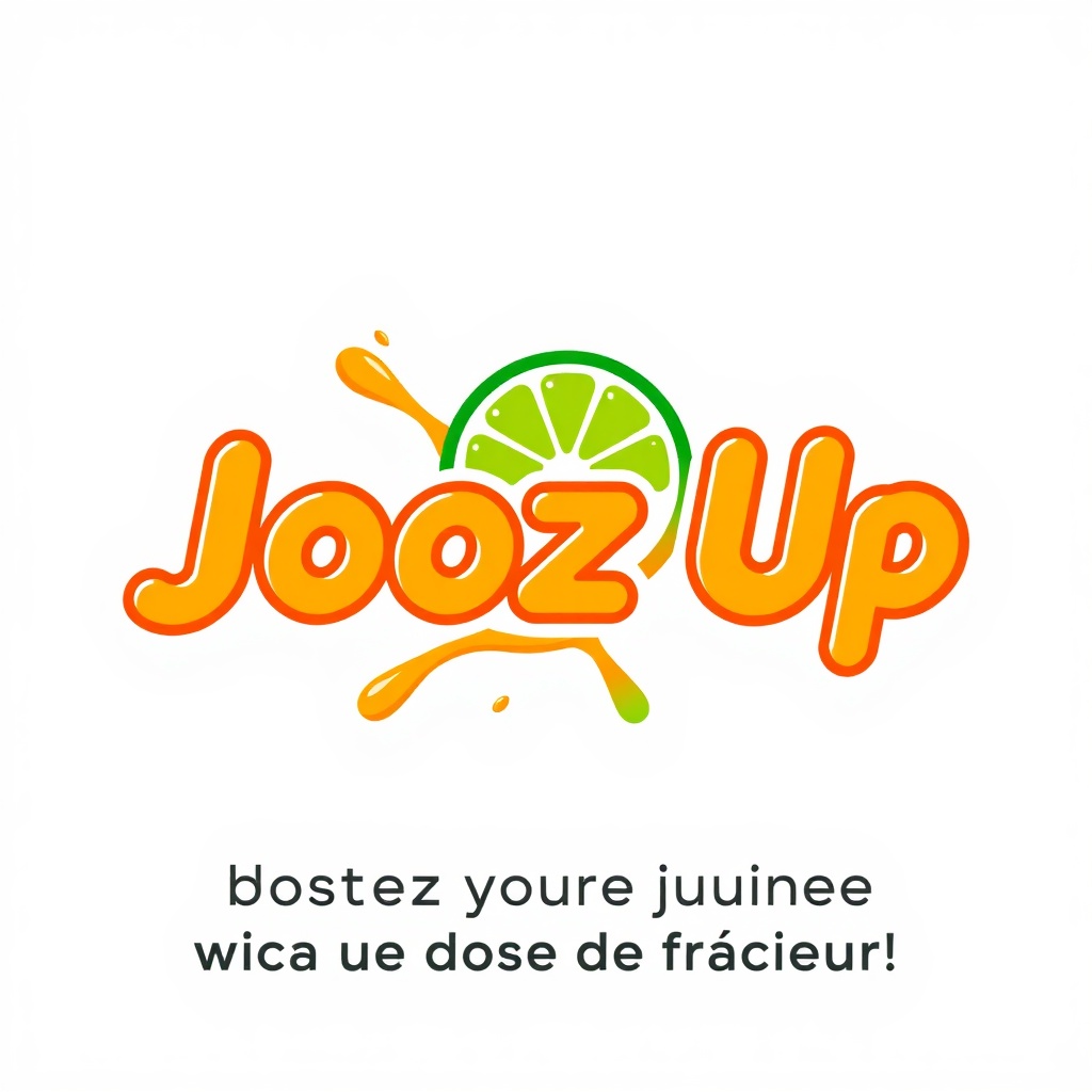 AI generated image by FLUX.1-schnell: A  dynamic logo for "Jooz Up" combining a bold wordmark with an abstract splash of juice forming a fruit slice. Vibrant orange and lime green colors dominate, with white highlights for contrast. Rounded typography conveys friendliness and energy. The fruit slice represents freshness, while the text below reads: "Boostez votre journée avec une dose de fraîcheur!" The logo exudes health, vitality, and modern style