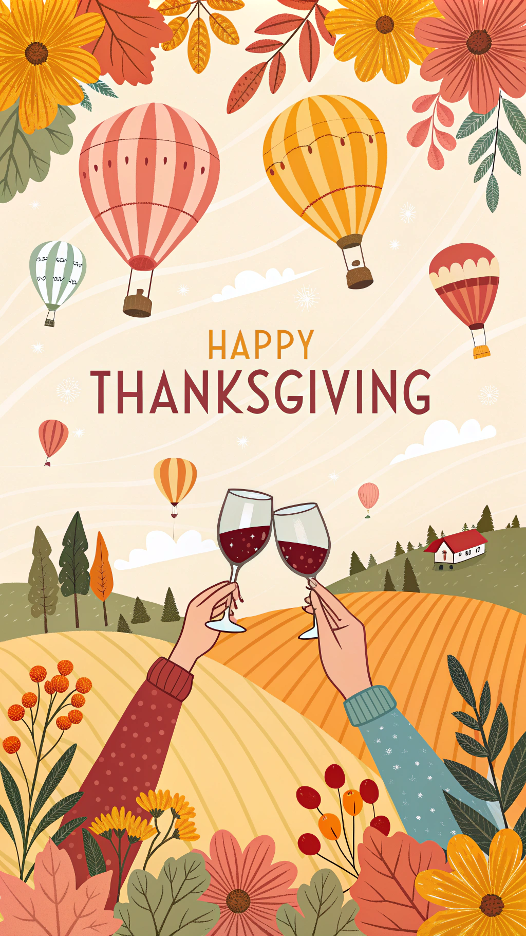 AI generated image by Red Panda AI: design a thanksgiving poster, with round and autumn flowers, hot air ballons, in warm and cheerful colors, make it look like cheerful and happy. in the bottom of the poster, 3 hands holding wine glasses, glasses touching together, cheering together in happiness. in the middle of the poster, with the text: Happy Thanks Giving
