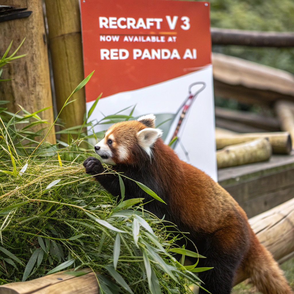 AI generated image by Red Panda AI: a red panda eating a bamboo in front of a poster that says "recraft V3 now available at red panda ai