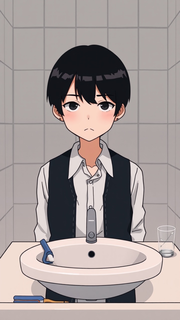 AI generated image by FLUX.1-schnell: Omocat's omori game artstyle, The image depicts a young person standing behind a bathroom sink facing the camera, their expression somber. Their dark hair is neatly styled, and they are dressed in a white shirt with a dark vest. The tiled walls behind them are plain and featureless, creating a sense of isolation. The only other elements in the scene are a toothbrush and a glass on the counter, suggesting a routine that the individual may find difficult to engage in. The overall mood of the image is melancholic, hinting at a sense of loneliness or sadness. The subdued colors and minimalist composition further contribute to the somber atmosphere.  The image leaves room for interpretation, inviting viewers to consider the inner thoughts and feelings of the subject.