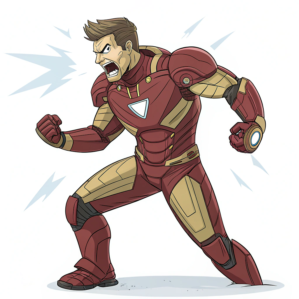 AI generated image by Red Panda AI: iron man énervé et musclé dans un style fortnite