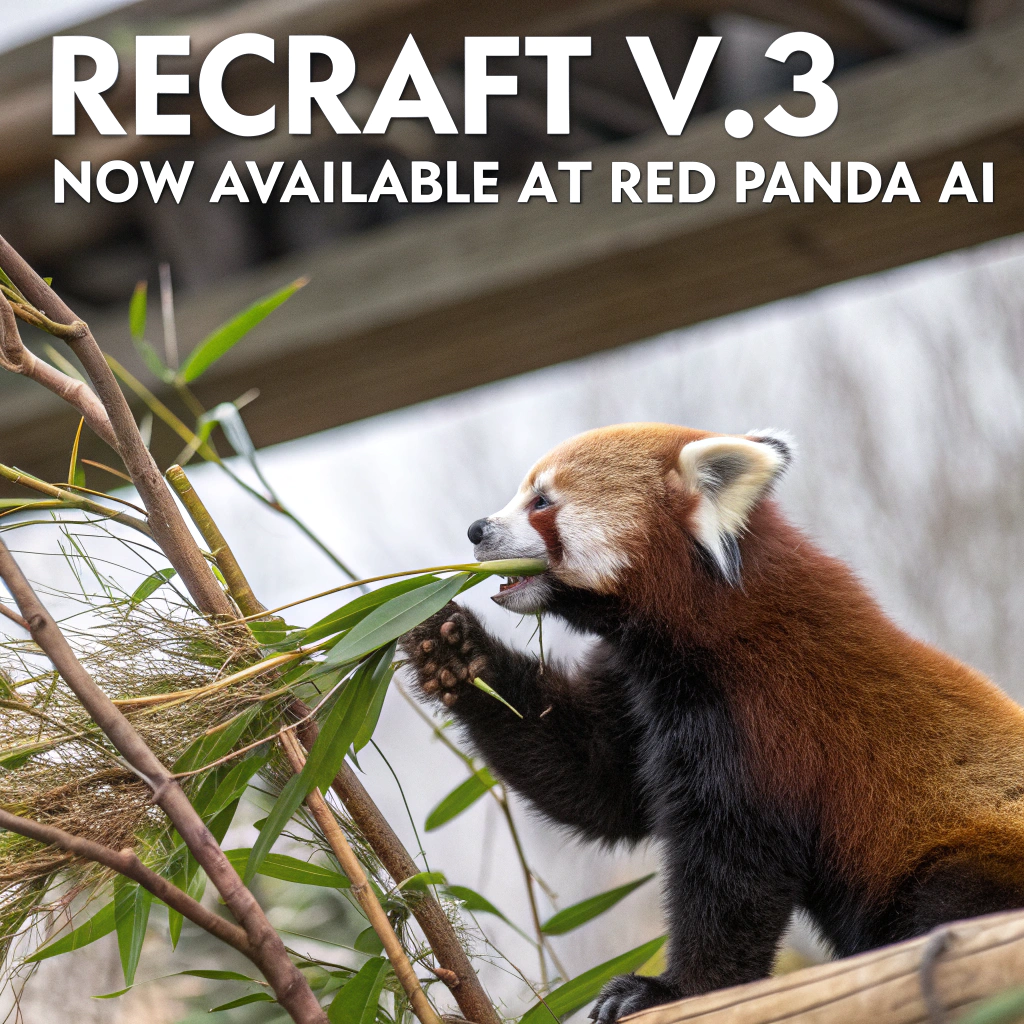 AI generated image by Red Panda AI: a red panda eating a bamboo in front of a poster that says "recraft V3 now available at red panda ai