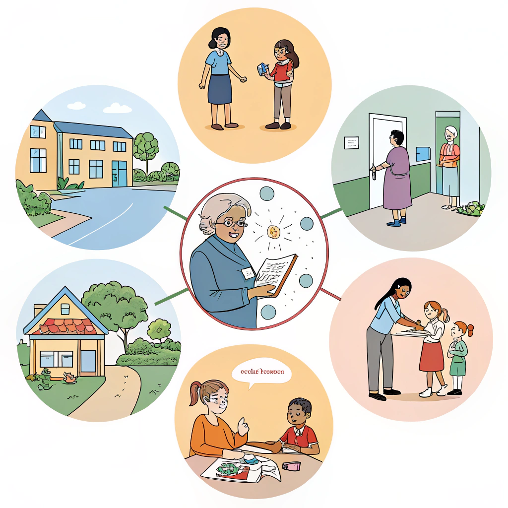 AI generated image by Red Panda AI: 
ELABORA UNA IMAGEN DONDE APAREZCA UN INTEGRADOR/A SOCIAL EN EL CENTRO, RODEADO POR UN CÍRCULO DONDE APARECEN LOS SIGUIENTES IMÁGENES: 1. UN GRUPO DE NIÑOS DENTRO DE UNA ESCUELA, 2. UNA FAMILIA DE 4 PADRES E HIJOS INTERRACIAL, 3. MUJERES DEL AMBITO RURAL TRABAJANDO, 4. UNA PERSONA MAYOR EN SITUACION DE DEPENDENCIA SENTADA EN CASA CON UN MÉDICO DEPENDIENTES, 5. PERSONAS CON DISCAPACIDAD MOTÓRICA, INTELECTUAL, SORDOCIEGO, 6. UNA PERSONA DURMIENDO EN LA CALLE