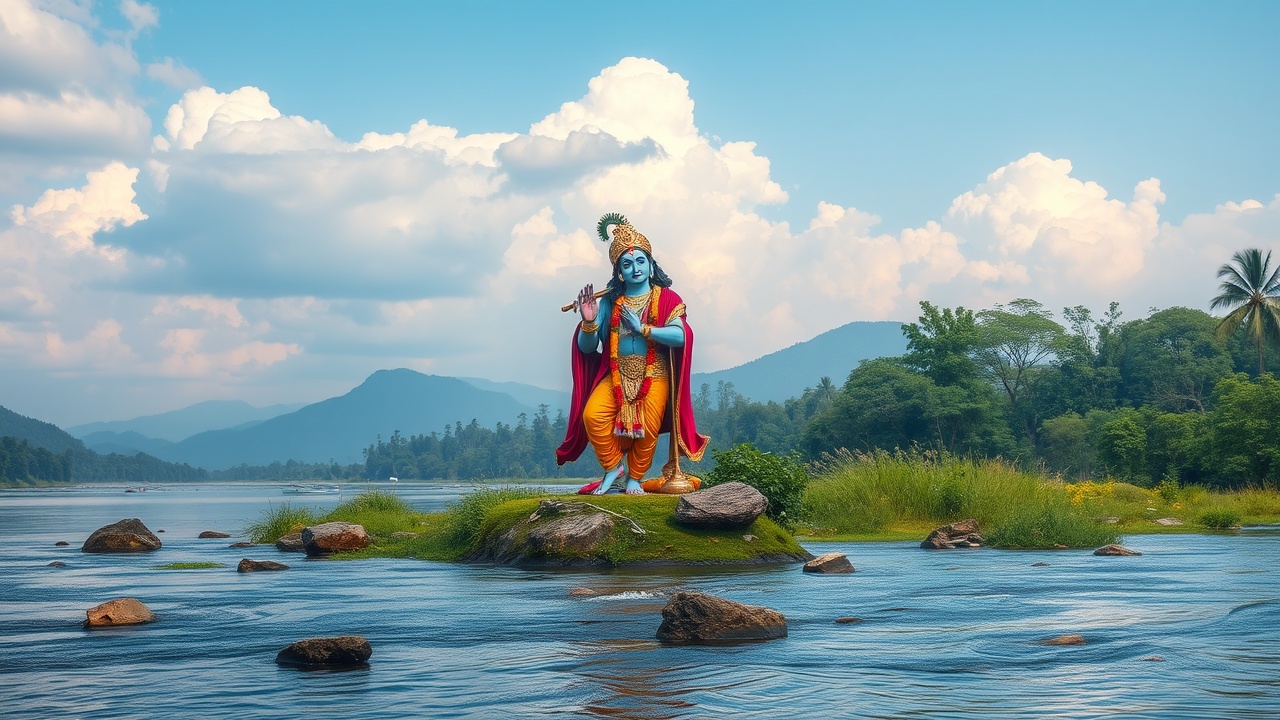 AI generated image by FLUX.1-schnell: God Krishna setting near one river bank and natural atmosphere everywhere 