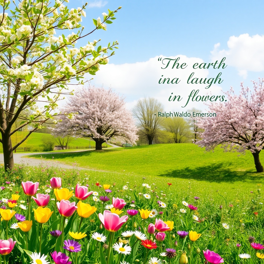 AI generated image by FLUX.1-schnell: "Create an image that represents the essence of spring with lush, vibrant greenery, blossoming flowers in pink, yellow, and purple, and clear, sunny skies with a gentle breeze. Trees should have new leaves, and a variety of flowers like tulips, daisies, and cherry blossoms can be spread across a bright, green landscape. The scene should feel fresh, rejuvenating, and filled with natural beauty. Include a short, motivational quote from a famous person, such as 'The earth laughs in flowers' by Ralph Waldo Emerson, written in a graceful, elegant font towards the top right corner of the image. The quote should blend naturally with the spring scene, enhancing the feeling of renewal and growth."