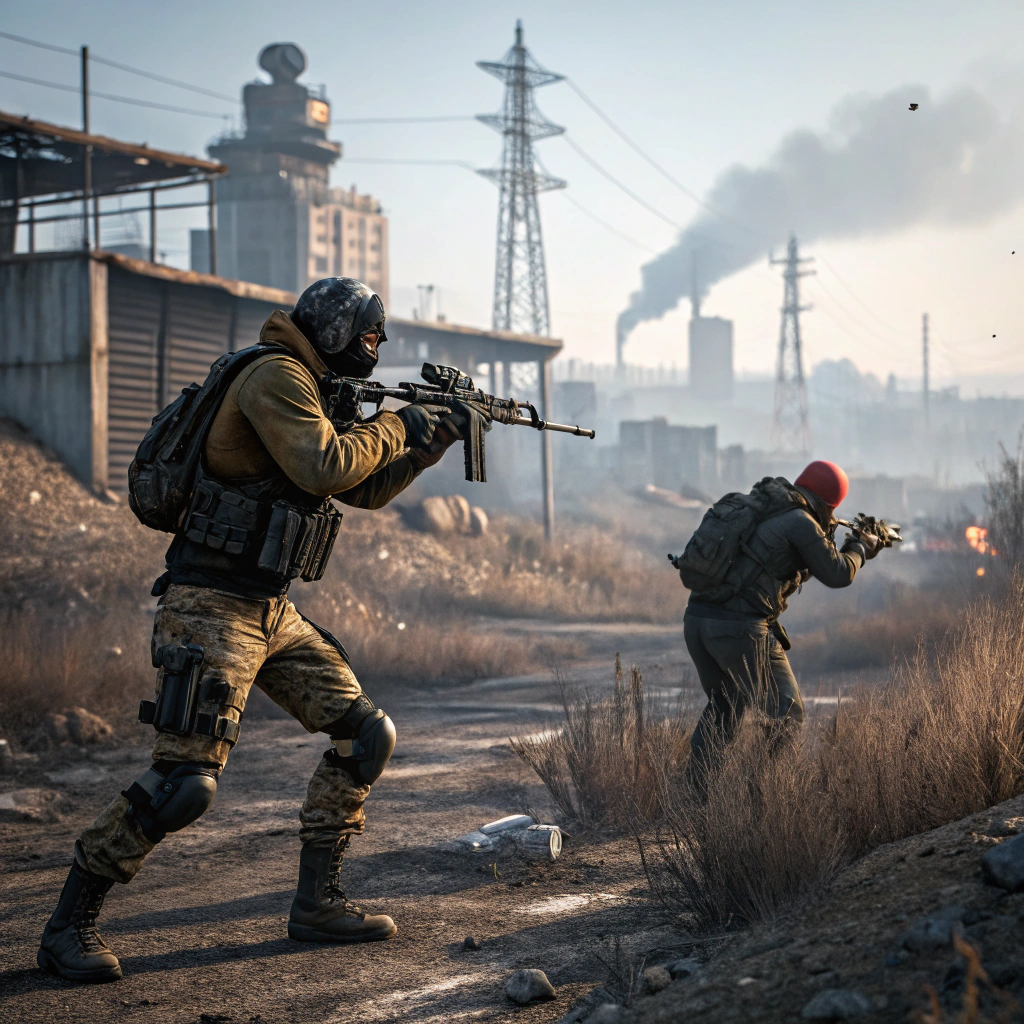 AI generated image by Red Panda AI: crear una imagen real del juego "rust" pero que sea para la serie "Bellum" agrega los pesonajes disparandose