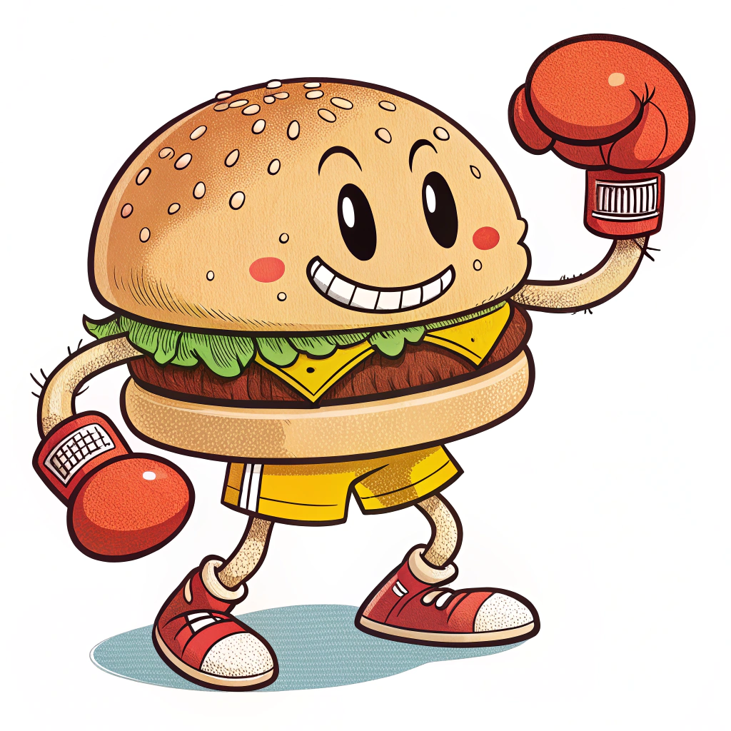 AI generated image by Red Panda AI: A cheerful cartoon hamburger mascot character with a round bun head, simple black dot eyes, and a small curved smile. The character has a realistic hamburger body with lettuce and other toppings visible between the buns. Wearing bright red boxing gloves on both hands and yellow shorts or trunks. The style is retro 1980s-90s, mascot art, with bold colors and simple geometric shapes. Clean, family-friendly design with a playful fighting game aesthetic. On plain white background.
