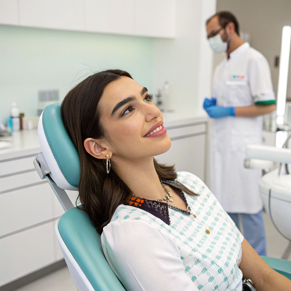 AI generated image by Red Panda AI: o a photo where dua lipa appears in a dental chair putting braces in a dental office named ONE CLINIQUE
