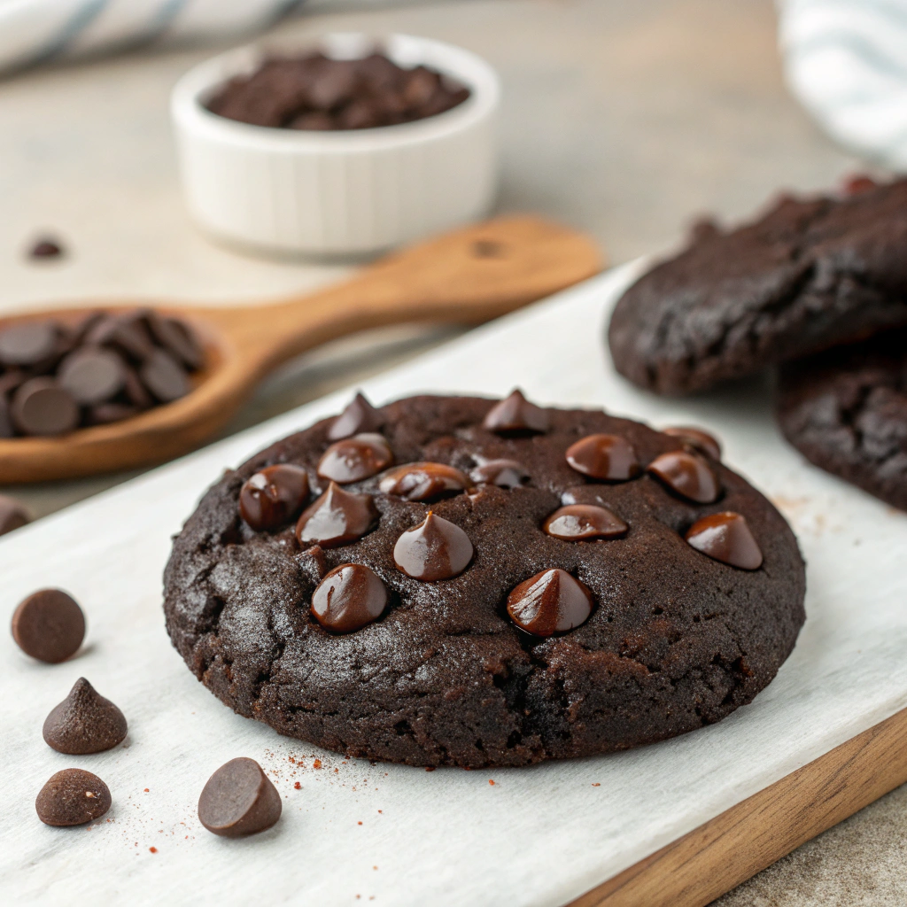 AI generated image by Red Panda AI: puedes generar una galleta de cacao que tenga chispas de chocolate negro encima y que se vea apetitosa
 la galleta tiene que ser negra
