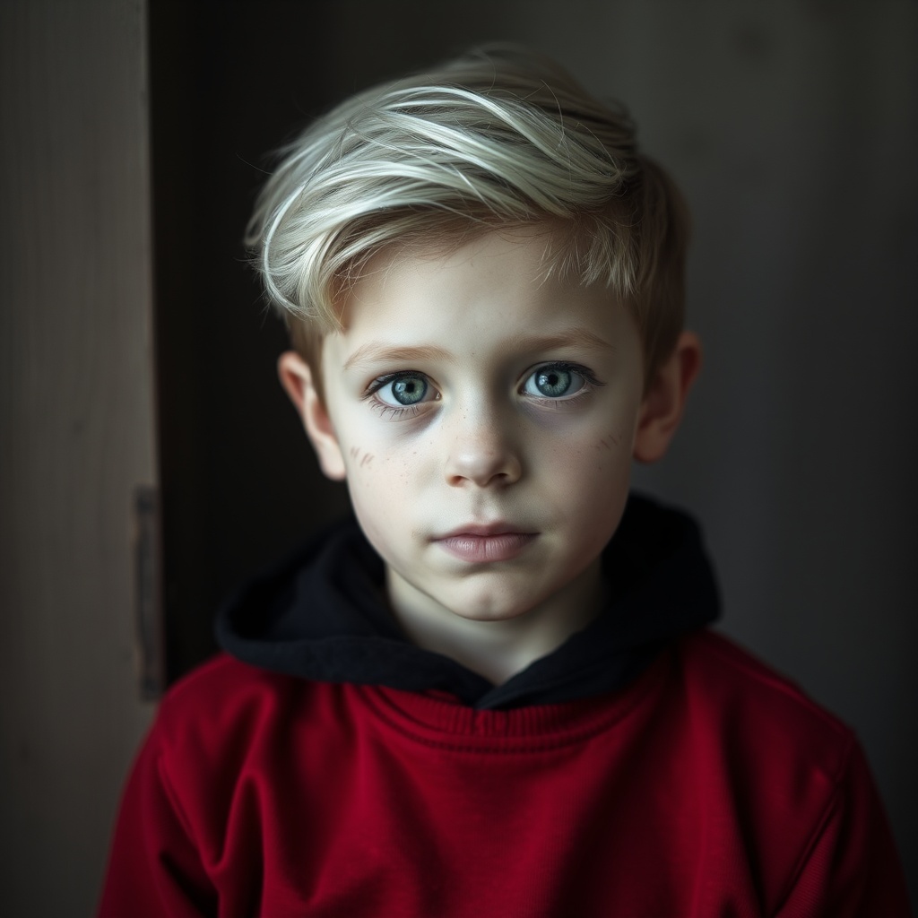 AI generated image by FLUX.1-schnell: garçon de six ans avec les cheveux blanc et yeux gris avec des taches de rousseur