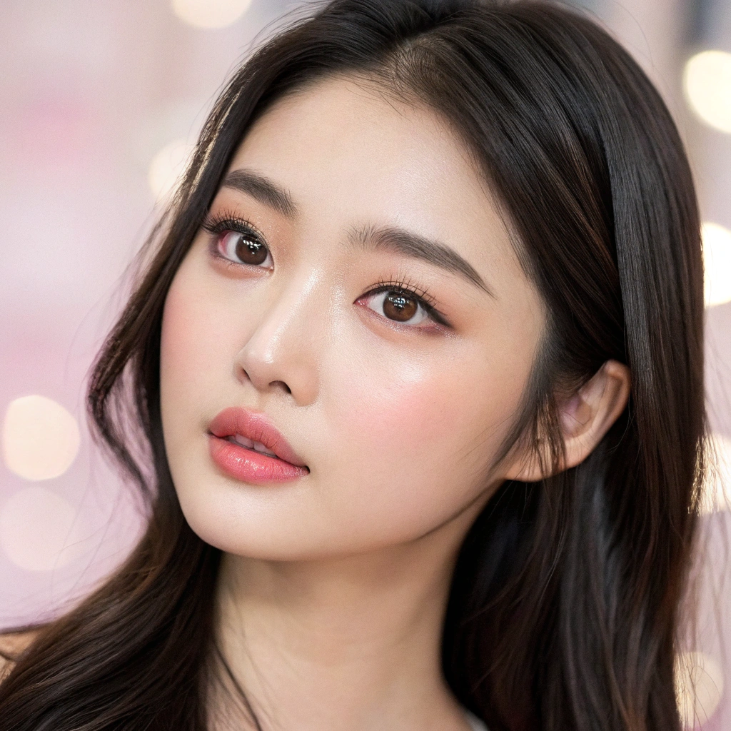 AI generated image by Red Panda AI: Retrato ultra realista de una actriz asiática joven y guapa, estilo K-pop o drama coreano/chino. Enfoque CLOSE-UP solo del rostro (desde los hombros hacia arriba), piel suave y luminosa, ojos grandes y expresivos, labios rosados naturales, cabello liso y sedoso (negro o castaño oscuro), maquillaje ligero pero elegante (tonos nude o rosados). Iluminación suave y difusa, fondo borroso en tonos pastel (rosa claro, beige o lavanda) para destacar el rostro. Estilo similar a fotos de perfil de influencers o páginas de fans, con aire misterioso y sofisticado. Calidad 4K, detalles hiperrealistas