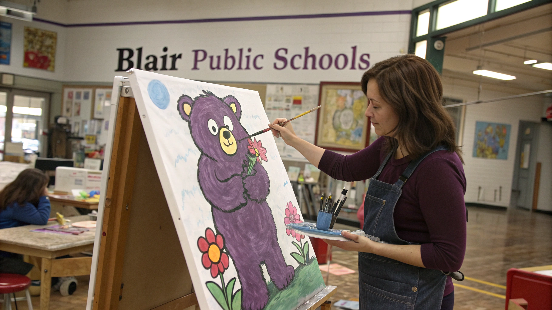 AI generated image by Red Panda AI: A purple bear paints a picture.  The painting is of a school teacher.  The painting is titled, "Blair Public Schools". 