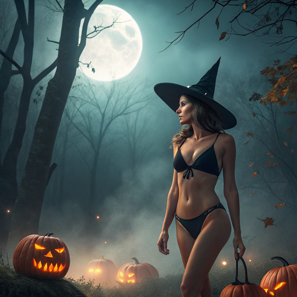 AI generated image by Red Panda AI: “Create a charming Halloween-themed image: A stunningly beautiful woman portrays a witch. She is wearing a black bikini and a traditional witch hat. Under the moonlight, he stands in a dark and magical forest. Around her, glowing pumpkins and gently rising mists create a sense of magic in the air.”