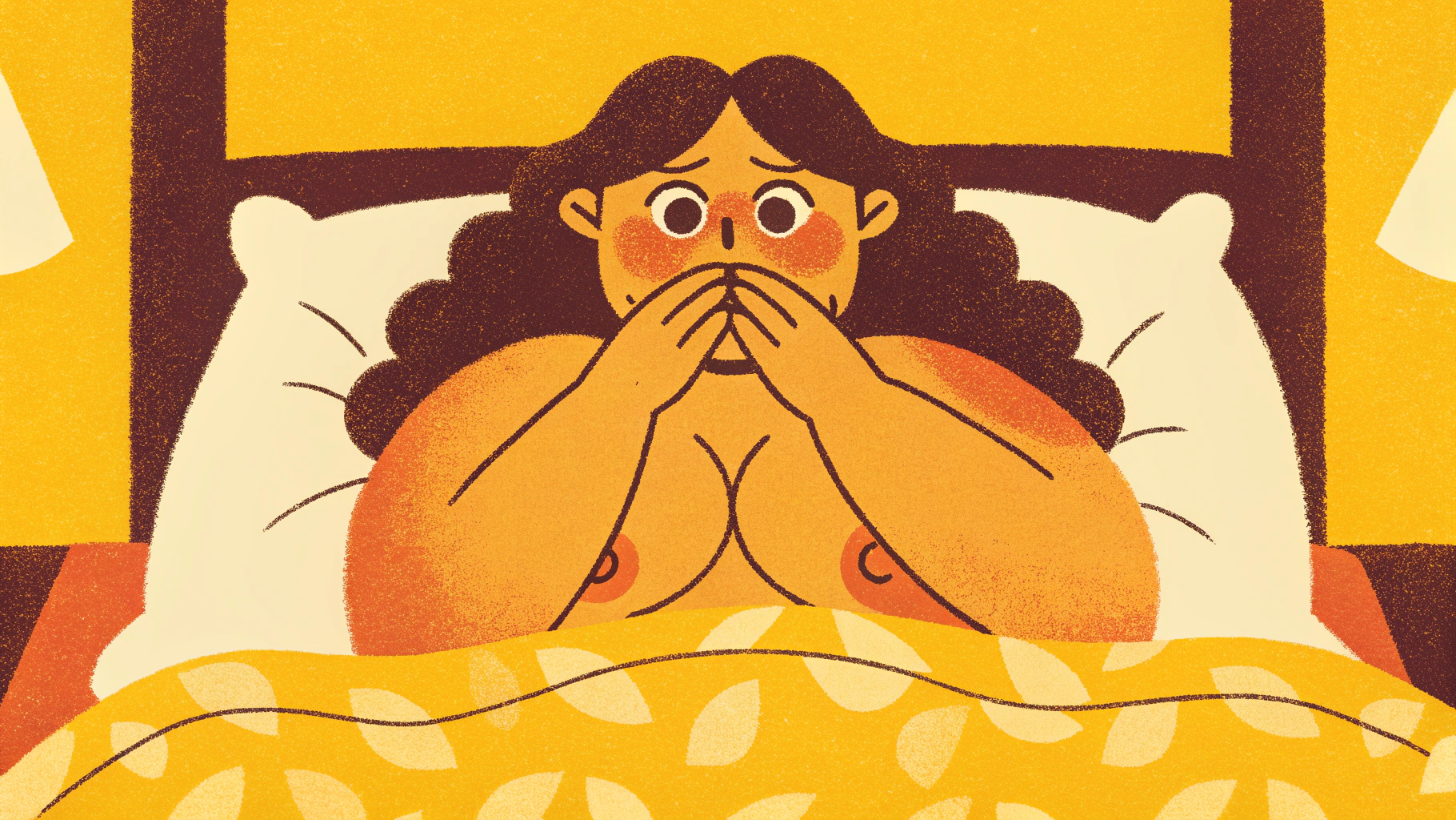 AI generated image by Red Panda AI: Zelda, nsfw, massive breast, Lying in bed, tender look, Looking at the camera, her hands cover her mouth in a distressed style, , nude