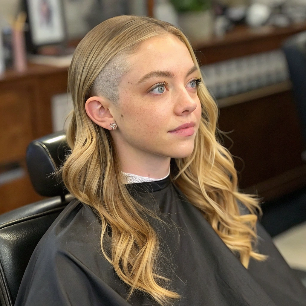 AI generated image by Red Panda AI: sydney sweeney, long hair, blonde hair, wavy hair, shaving her head in a barber shop, sitting in the barber's chair, strands of blonde hair cut over her shoulders, Half head shaved, sidecut hair, half head shaved to the scalp, Half head bald buzzcut, half head freshly shaved, green eye, realistic hype eye, realistic hyper iris, symmetrical eyes, symmetrical iris, clean face, realistic hyper face, perfect face, detailed face with detailed pores, 