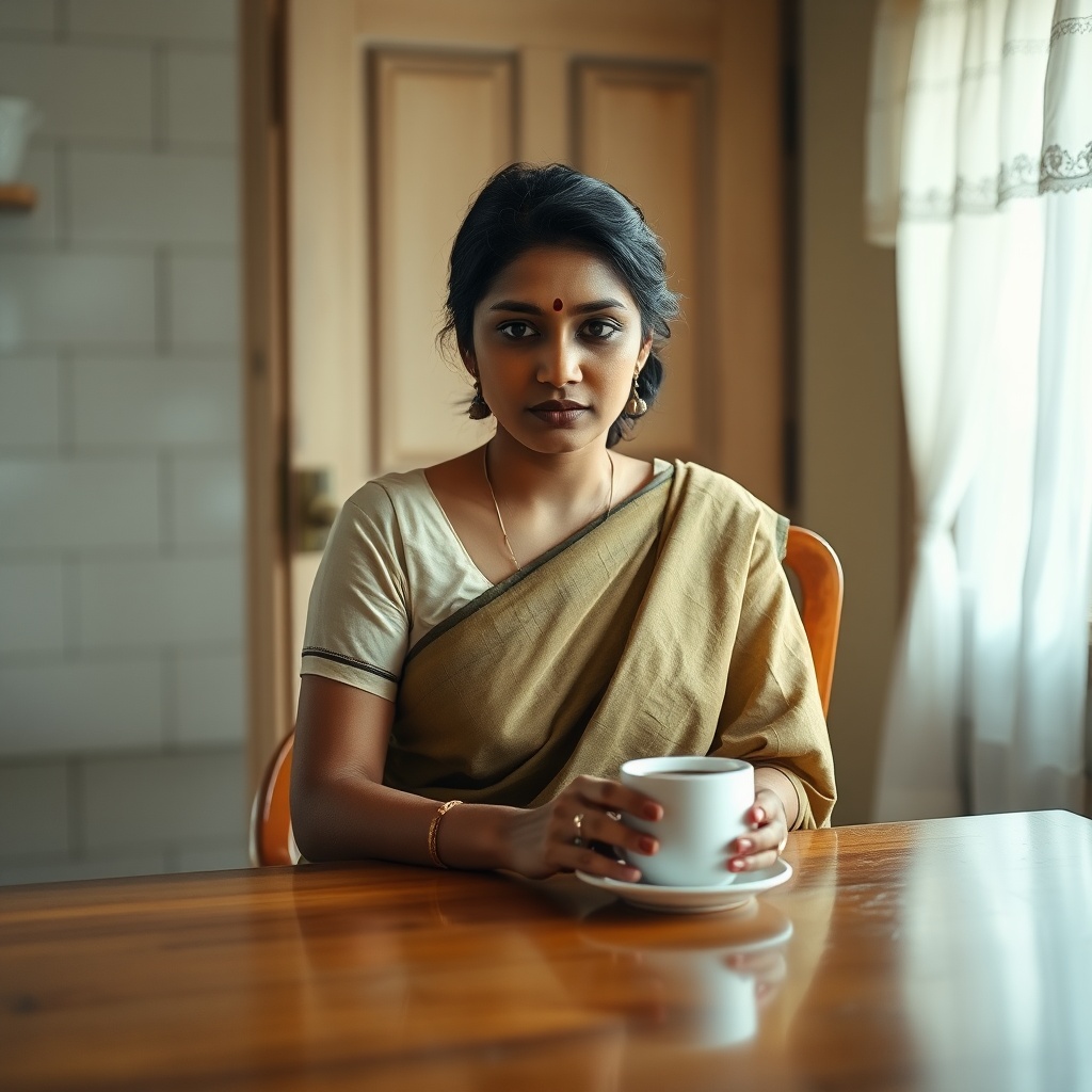 AI generated image by FLUX.1-schnell: A 30-year-old Tamil woman sits alone at the dining table, sipping a cup of coffee. She is beautiful, good-looking, sad, unhappy, womanly, in a beige linen plain saree with olive saree plain blouse, no jewellery, black hair tied in low bun. an old French-style rustic kitchen, beige door and window, and white curtain, bokeh style, ultra-realism, cinematography