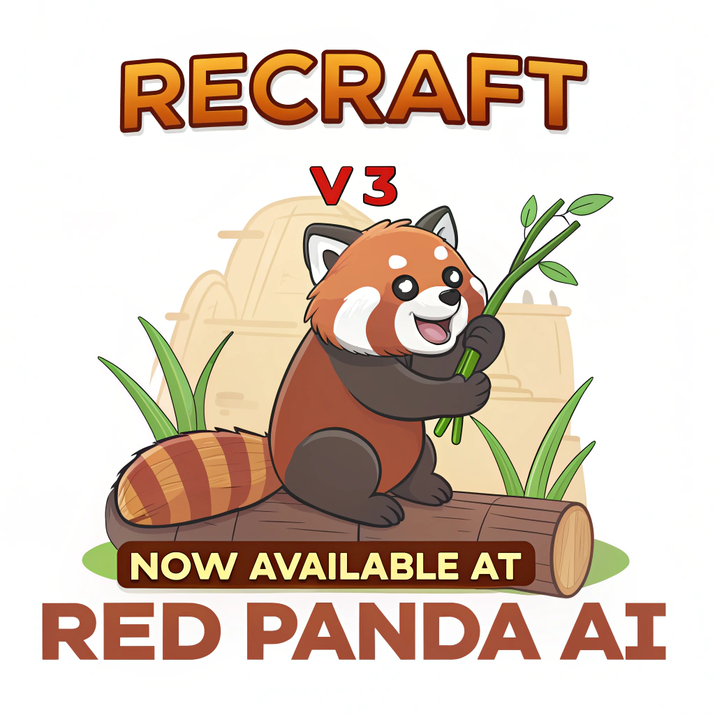 AI generated image by Red Panda AI: a red panda eating a bamboo in front of a poster that says "recraft V3 now available at red panda ai