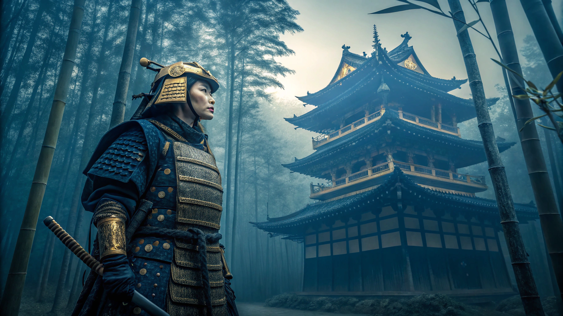 AI generated image by Red Panda AI: Portrait of an ancient japanesse woman samurai in front of an ancient japanesse tample in a bambus woods, all the colors are navy blue and gold