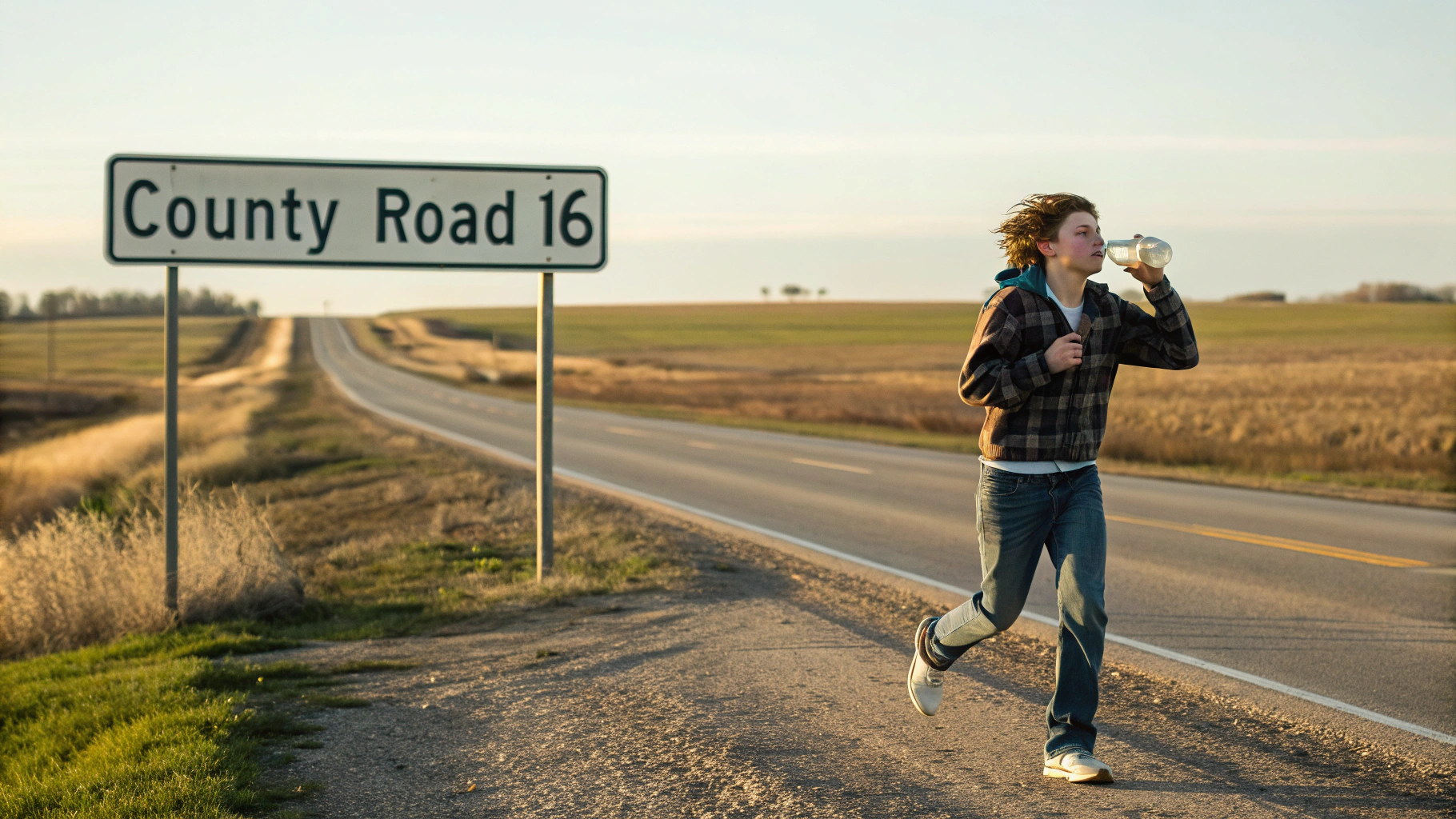 AI generated image by Red Panda AI: a teenager running down a county road in Nebraska drinking a gallon of milk.  A sign says "County Road 16", polaroid style photo