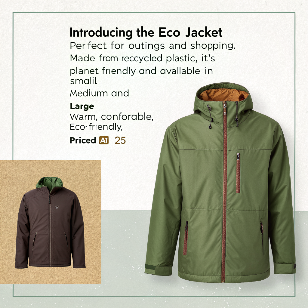 AI generated image by Red Panda AI: i want this to look like an amazon advertisemenrt: This is our product: the Eco Jacket. It is a jacket for cold and rainy weather. You can wear it when you go out of town or go shopping.
It is green and brown and it has a simple design. It is made from recycled plastic, so it is planet-friendly. We reuse materials and we do not throw away plastic.
You can find it in small, medium and large. It is warmer than other jackets and it is the most eco-friendly jacket in the shop.
It is very comfortable and not expensive. It is a good choice and it costs £25.

