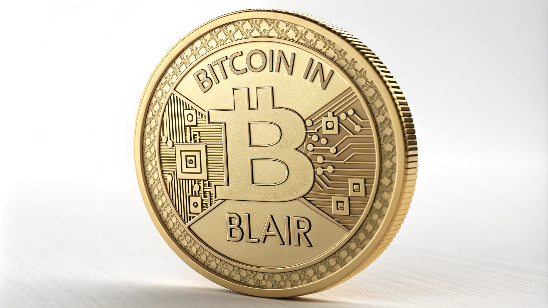 AI generated image by Red Panda AI: A gold coin says "Bitcoin in Blair", cryptocurrency motif