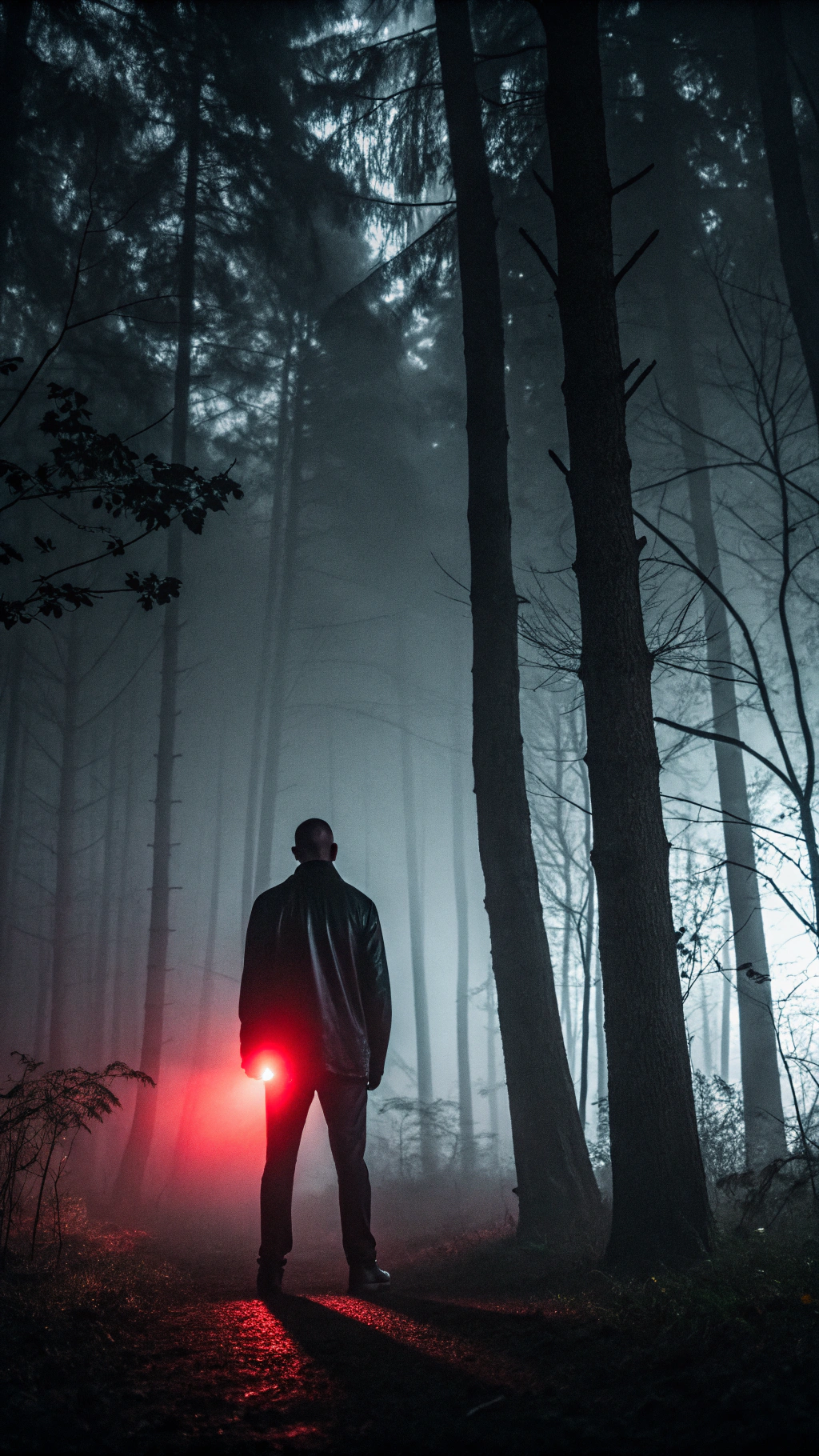 AI generated image by Red Panda AI: silueta de un hombre afroamericano calvo que no se le ve la cara que del pecho sale una luz roja que ilumina entre la neblina de un bosque de noche