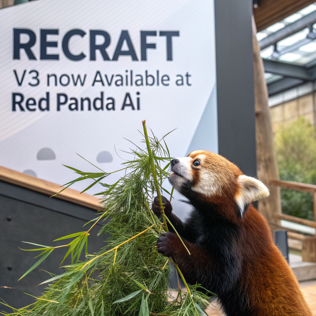 AI generated image by Red Panda AI: a red panda eating a bamboo in front of a poster that says "recraft V3 now available at red panda ai