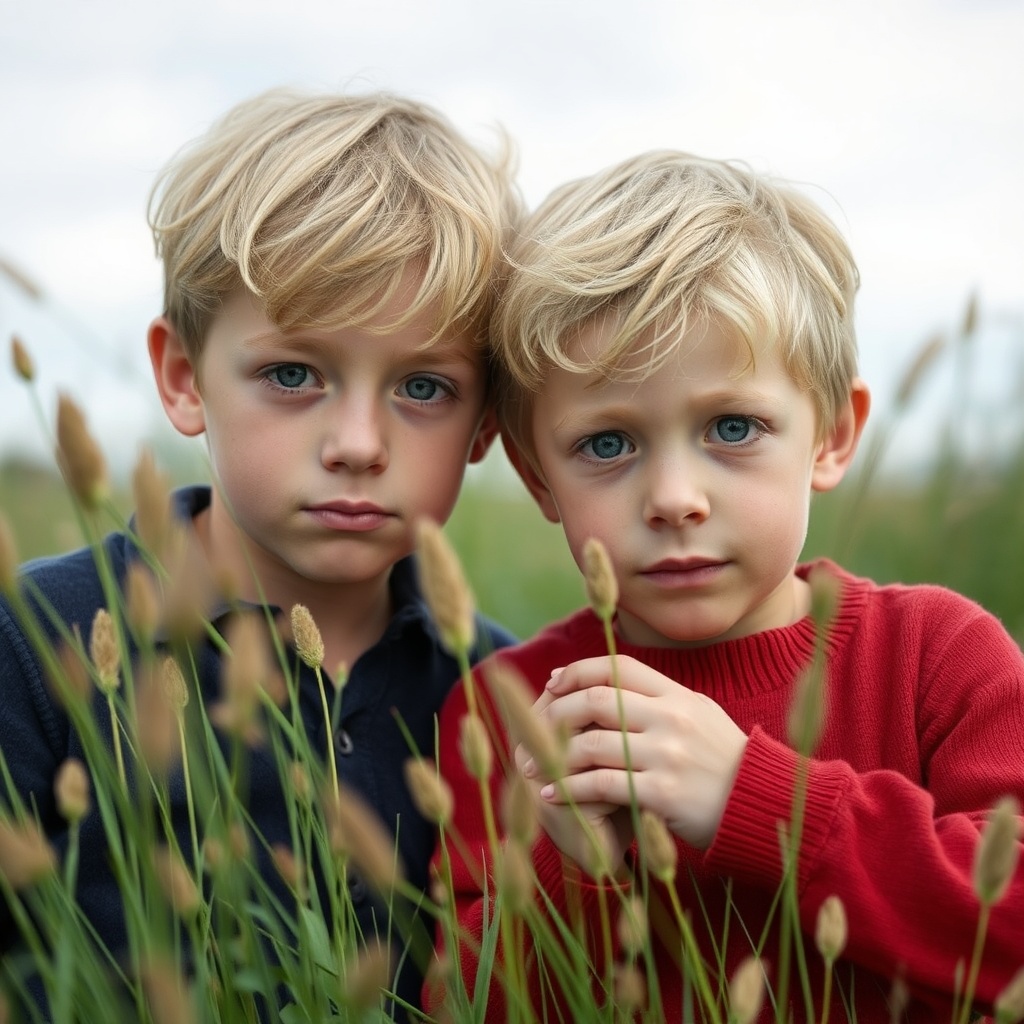 AI generated image by FLUX.1-schnell: deux garçons de six ans blond aux yeux bleu se faisant des bisous allongés dans l'herbe