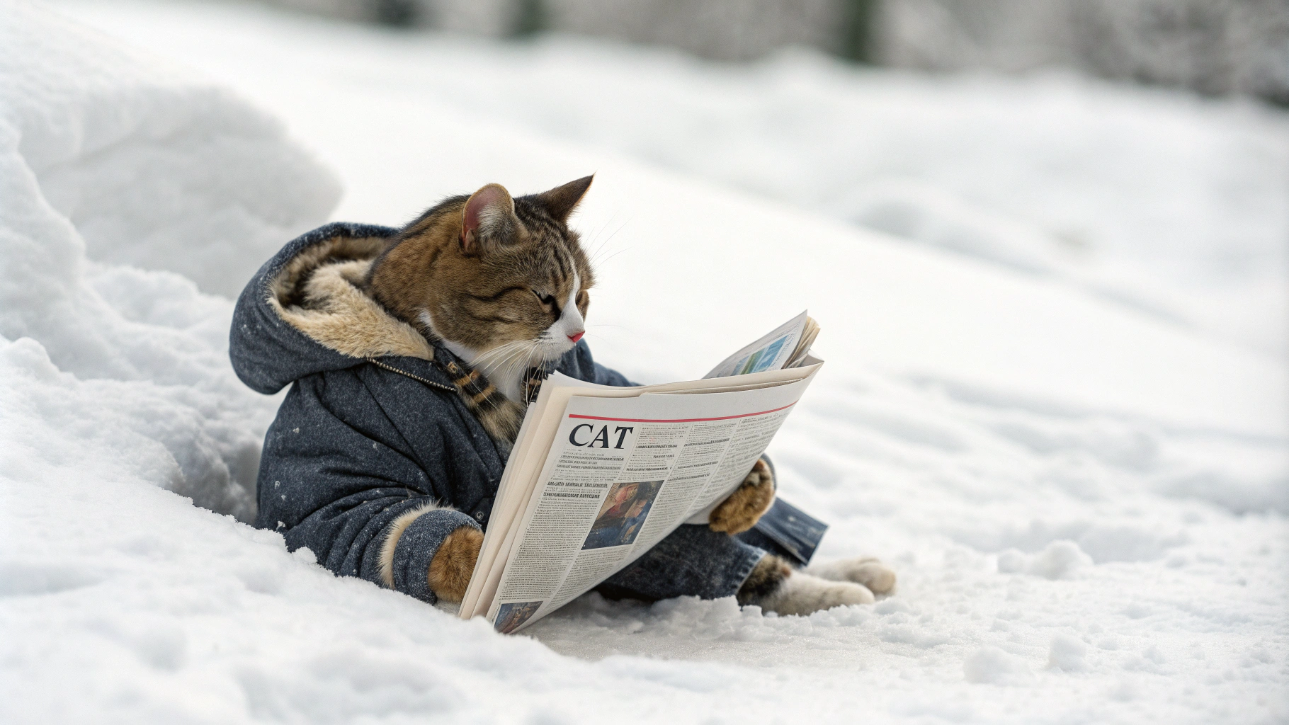 AI generated image by Red Panda AI: Cat wearing coat in snow reading newspaper 