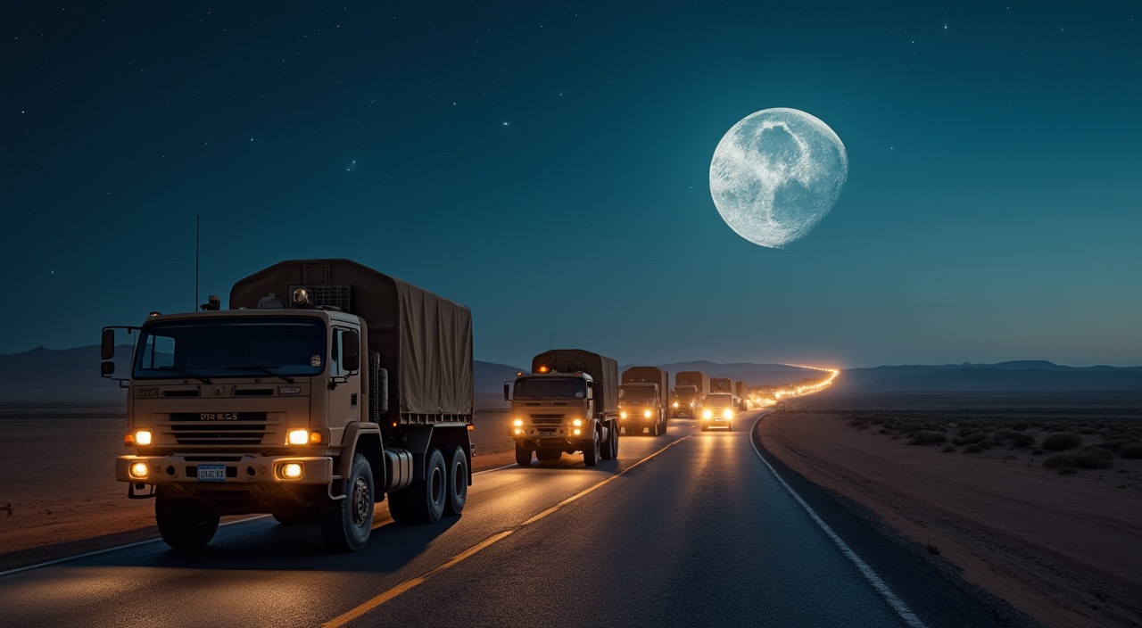 AI generated image by FLUX.1-pro: fila de camiones militares en una carretera por el desierto durante la noche con luna y estrellas vista aérea dron
