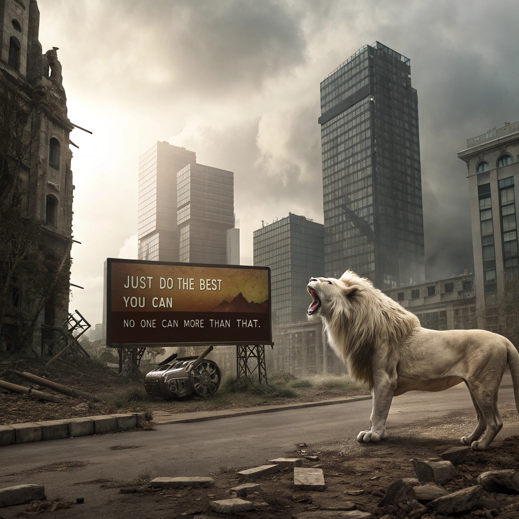 AI generated image by Red Panda AI: a roaring lion with a white mane in a setting representing a devastated city in a post apocalyptic setting near an advertising panel with the phase "Just do the best you can. No one can do more than that."