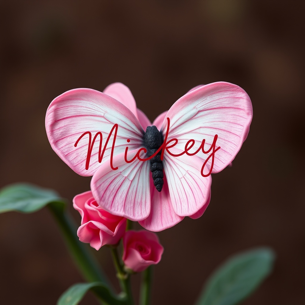 AI generated image by FLUX.1-schnell: гламурная заставка для девушки диджея надписью псевдонима письменными буквами - "MICKEY" розовый цвет

