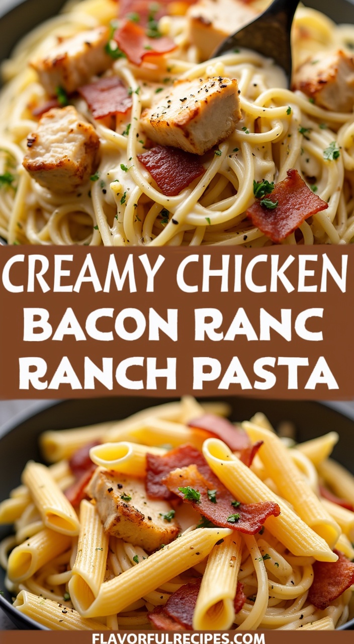 AI generated image by FLUX.1-pro: a decadent dish of "Creamy Chicken Bacon Ranch Pasta" in two mouthwatering views. The top portion highlights a close-up of the dish, featuring a rich, creamy Alfredo-style sauce coating fettuccine noodles, with golden-brown chunks of seared chicken and crispy bacon pieces scattered generously over the top. The sauce clings to the pasta, glistening under the light, with flecks of fresh parsley and cracked black pepper adding a pop of color and flavor contrast.
The bottom view displays the dish served with penne pasta, emphasizing the velvety creaminess of the sauce enveloping each piece. The chicken is tender with lightly charred edges, while the bacon is crisp and vibrant in its reddish-brown hue. A dusting of herbs further enhances the dish's inviting appearance.
Between the two views, a bold brown banner reads, "CREAMY CHICKEN BACON RANCH PASTA" in large, white block letters. The overall composition uses soft lighting to accentuate the golden tones of the sauce and the textures of the chicken and bacon, creating a warm and indulgent presentation that exudes comfort and flavor. with the website "flavorfullrecipes.com" at the bottom in a clean light bold, minimal font