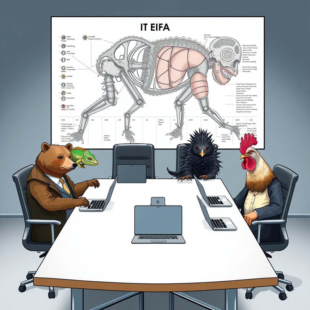 AI generated image by FLUX.1-schnell: An office with a meeting table in the center with a brown bear, a chameleon, a porcupine and a chicken, all with laptops on the table and dressed in formal suits and ties. In the background, a biomechanical chart with the text "IT EAX".