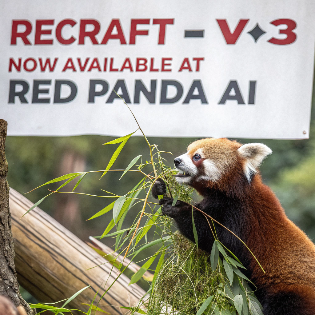 AI generated image by Red Panda AI: a red panda eating a bamboo in front of a poster that says "recraft V3 now available at red panda ai