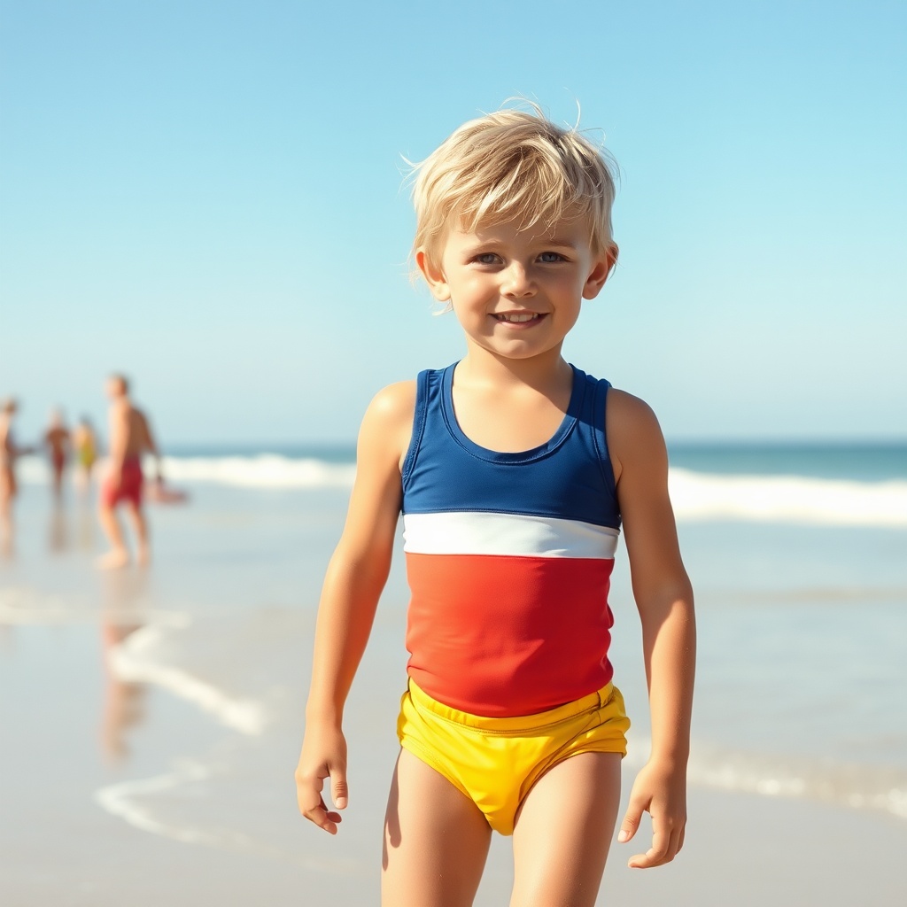 AI generated image by FLUX.1-schnell: garçon de six ans blond en mini maillot de bain sur la plage