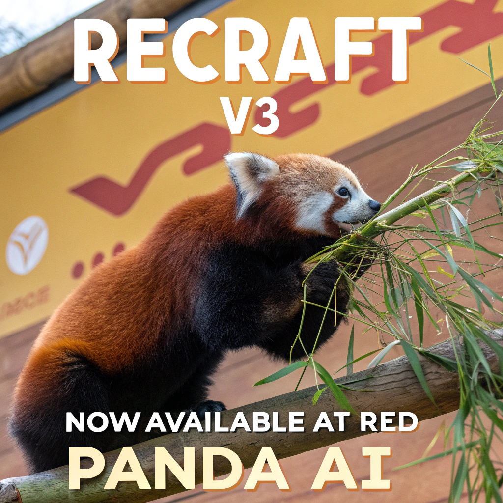 AI generated image by Red Panda AI: a red panda eating a bamboo in front of a poster that says "recraft V3 now available at red panda ai