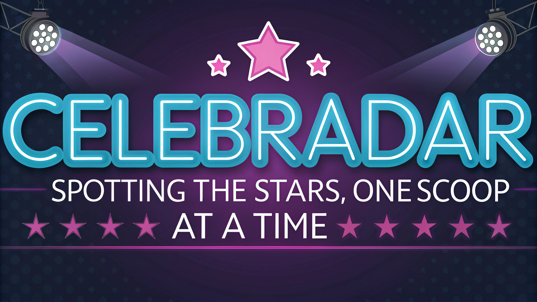 AI generated image by Red Panda AI: Create a YouTube banner for a celebrity gossip channel named 'CelebRadar' with the slogan 'Spotting the Stars, One Scoop at a Time.' Use vibrant colors like electric blue, pink, and purple to give it an energetic feel. The banner should include playful elements like stars, spotlights, or a radar icon subtly in the background. The text 'CelebRadar' should be bold and eye-catching, and the slogan should be smaller but visible below. The overall style should be modern, lively, and suitable for a gossip-focused brand