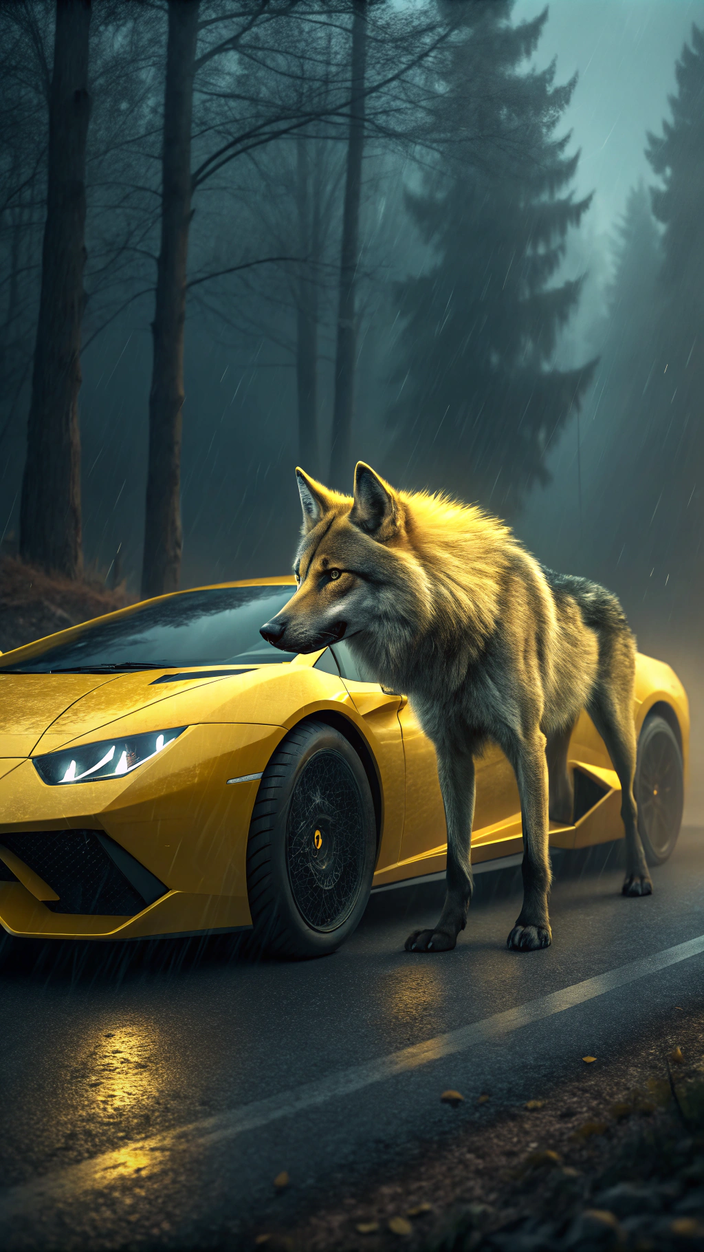 AI generated image by Red Panda AI: create an image prompt of a hybrid between a wolf and a yellow Lamborghini, using the same background as before
