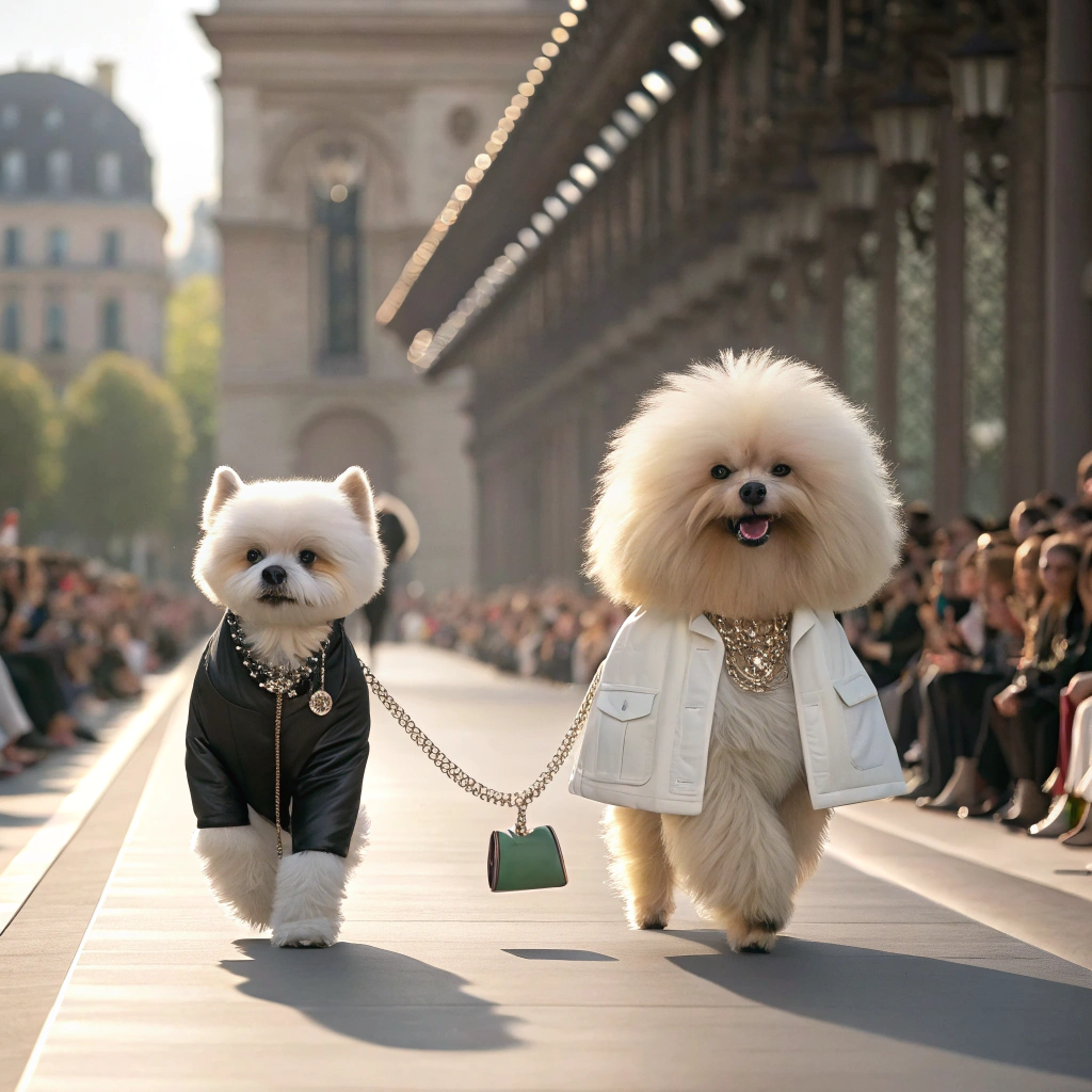AI generated image by Red Panda AI: In the style of ray tracing, hyper-realistic animal portraits, cute and dreamy, hyper-detailed backgrounds. A runway show in Paris featuring two dogs: on the left side, a white bichon frise in a sleek black jacket and pants, and on the right side, a white pomeranian wearing a chic, layered white dress with chain accessories, holding a small green handbag. They are walking side by side on the catwalk, confidently striding down the fashion show stage with the crowd cheering for them. Wide shot, full body, front view, low angle, natural light, warm colors, high resolution, super detailed. Extra long shot, low angle shot, wide-angle view.