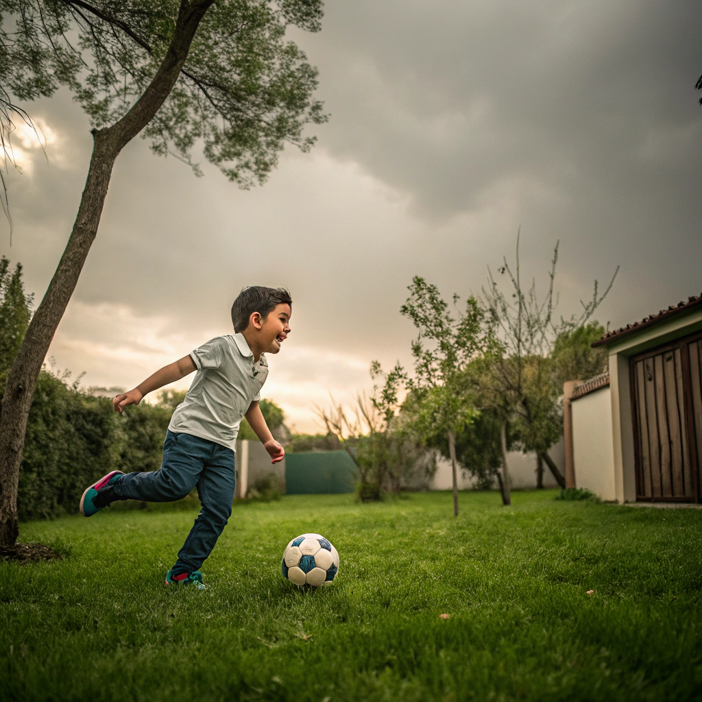 AI generated image by Red Panda AI: niño pequeño jugando futbol
