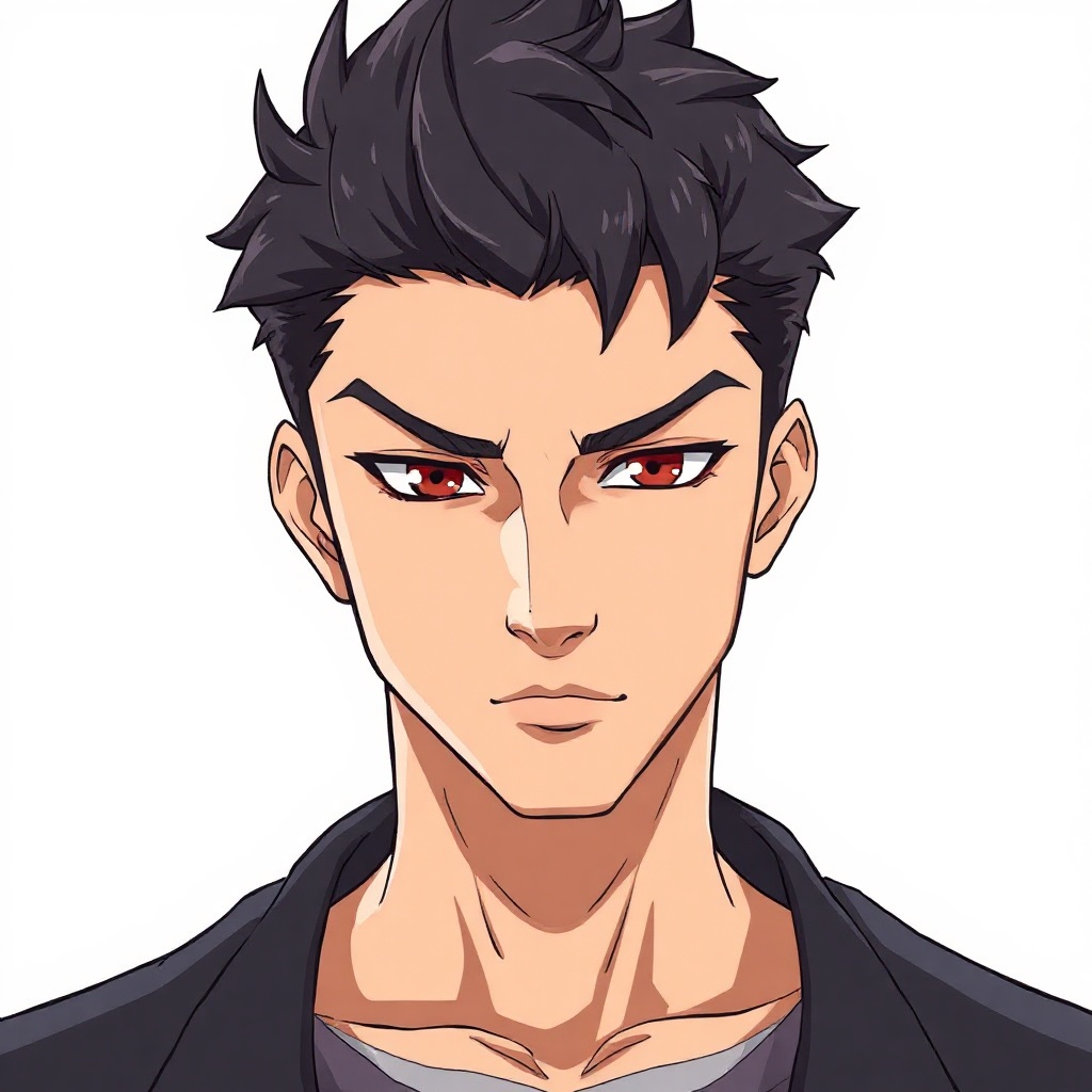 AI generated image by FLUX.1-schnell: anime game character portrait, male, clean cel-shading style, sharp jawline, symmetrical face, detailed eyes, neat dark hair, confident calm expression, studio lighting, soft shadows, centered composition, clean background, high quality illustration, professional Japanese game art style