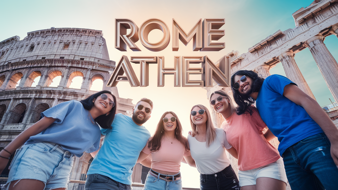 AI generated image by ideogram 2.0: **"A highly detailed, ultra-realistic promotional image featuring five young and attractive travelers (men and women) with Middle Eastern features. They stand at the bottom of the frame, looking directly at the camera with big, joyful smiles and excited expressions. They wear casual, stylish summer outfits, including colorful t-shirts, shorts, jeans, and sunglasses, radiating happiness and adventure.

The background showcases two iconic European landmarks:

The Colosseum (Rome), displaying its grand and ancient architecture.
The Parthenon (Athens), illuminated by warm golden sunlight, emphasizing its historical beauty.
The sky is bright and clear, with a soft golden glow enhancing the travel atmosphere.

In the center of the image, bold 3D text reads 'Rome – Athens' in an elegant, eye-catching, metallic gradient design, blending royal blue, gold, and white. The text is sleek and modern, slightly floating in the air, making it the focal point of the composition.

The image is ultra-high-quality, with sharp details, natural lighting, and a modern, luxurious travel aesthetic. The scene is well-balanced, with a sharp focus on the travelers and text, while the background is slightly blurred for depth.

--ar 16:9 --v 6 --q 2"**

